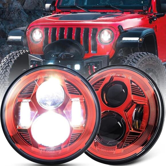 Jeep 7” Round LED Headlight High Low Beam headlamps-red - Picture 1 of 12